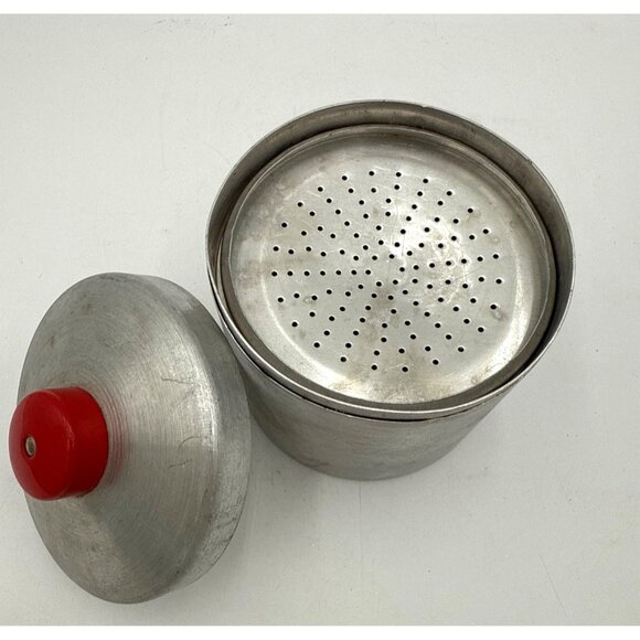 Vintage Aluminum Grease Drip Container With Red Knob Lid & Strainer Insert - Picture 5 of 9